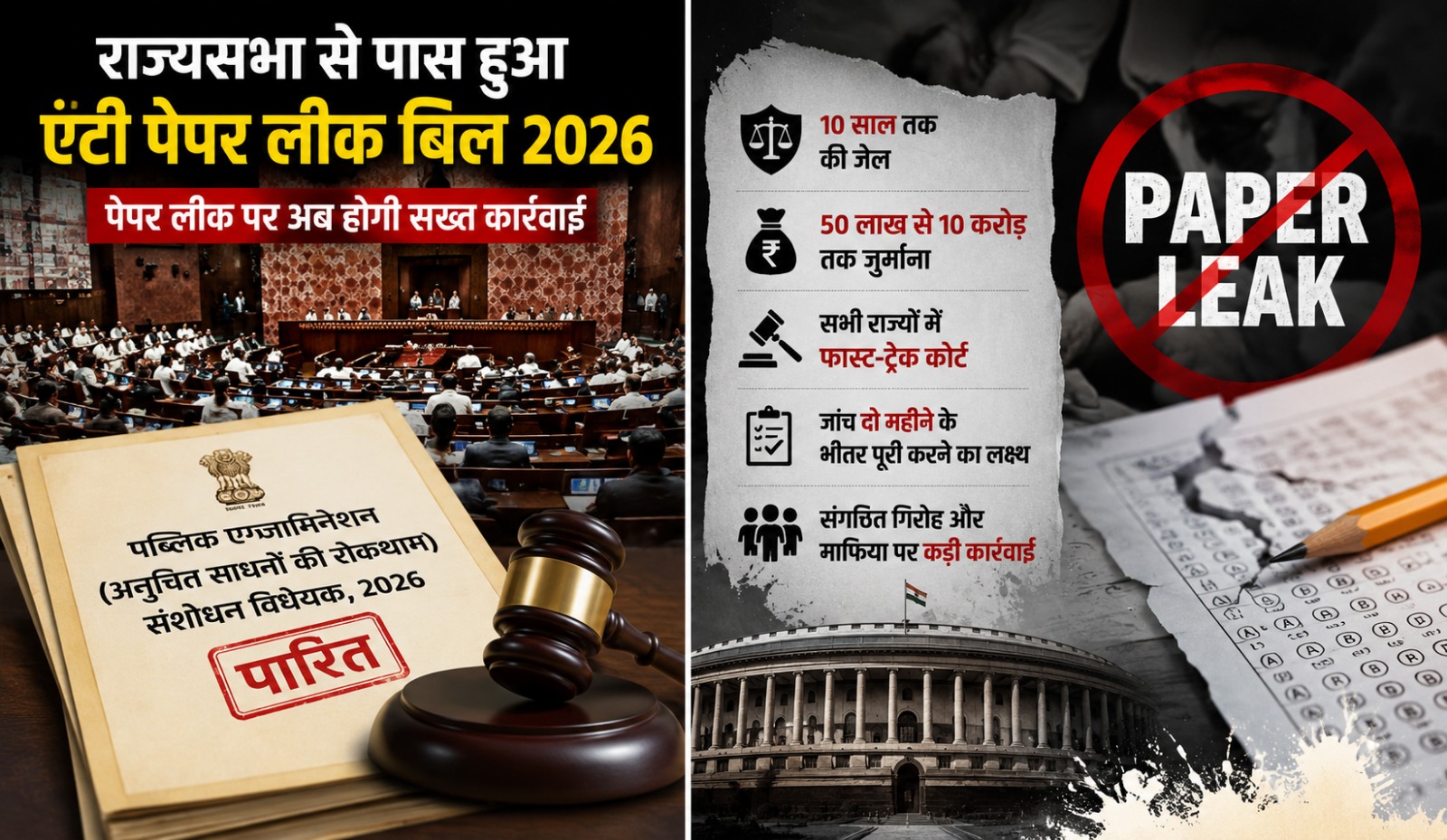 राज्यसभा में एंटी पेपर लीक संशोधन विधेयक 2026 पारित होने के दौरान संसद भवन का प्रतीकात्मक दृश्य।