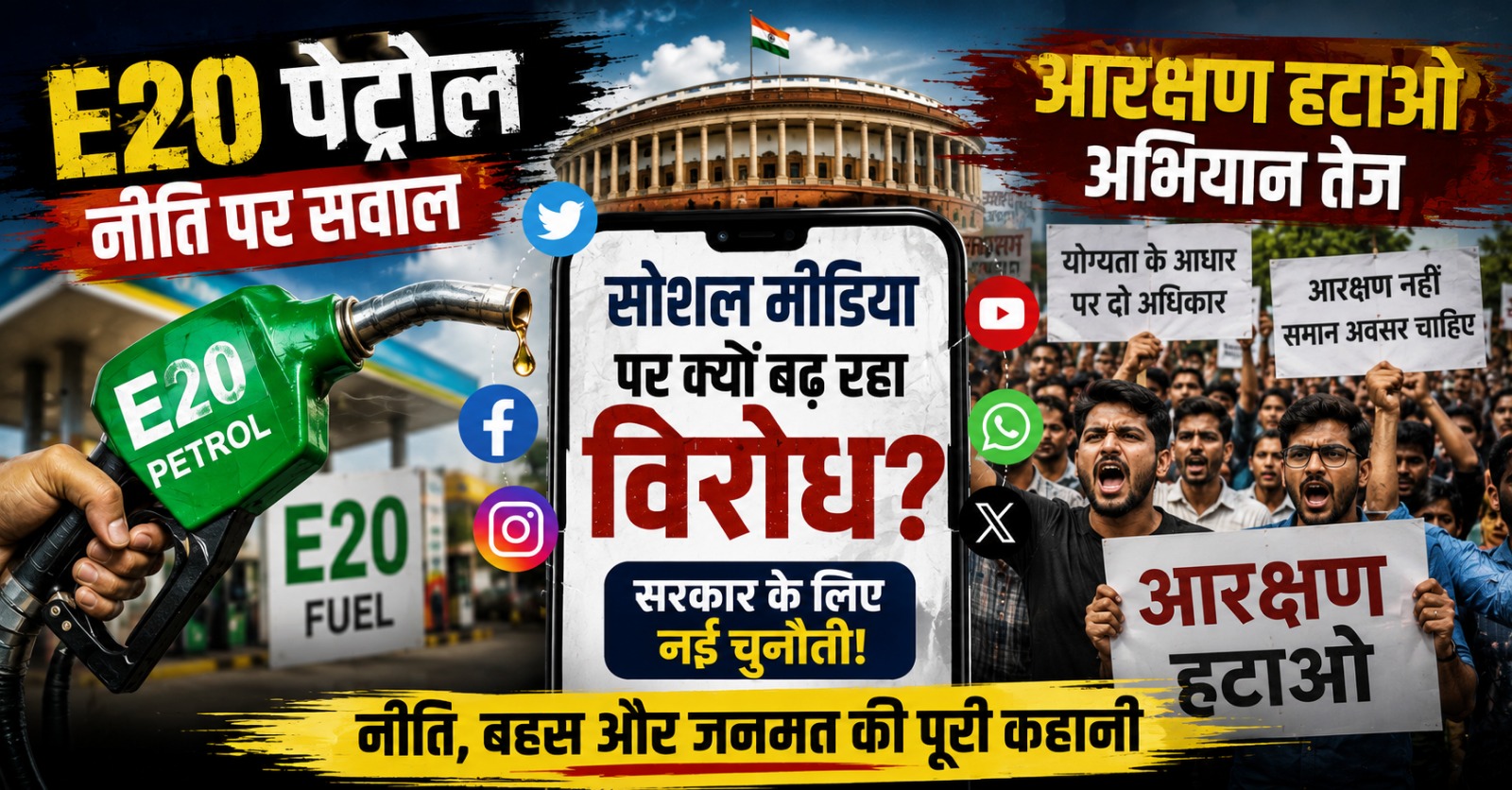 E20 पेट्रोल विवाद और आरक्षण हटाओ अभियान पर सोशल मीडिया में बढ़ती बहस का सांकेतिक चित्र