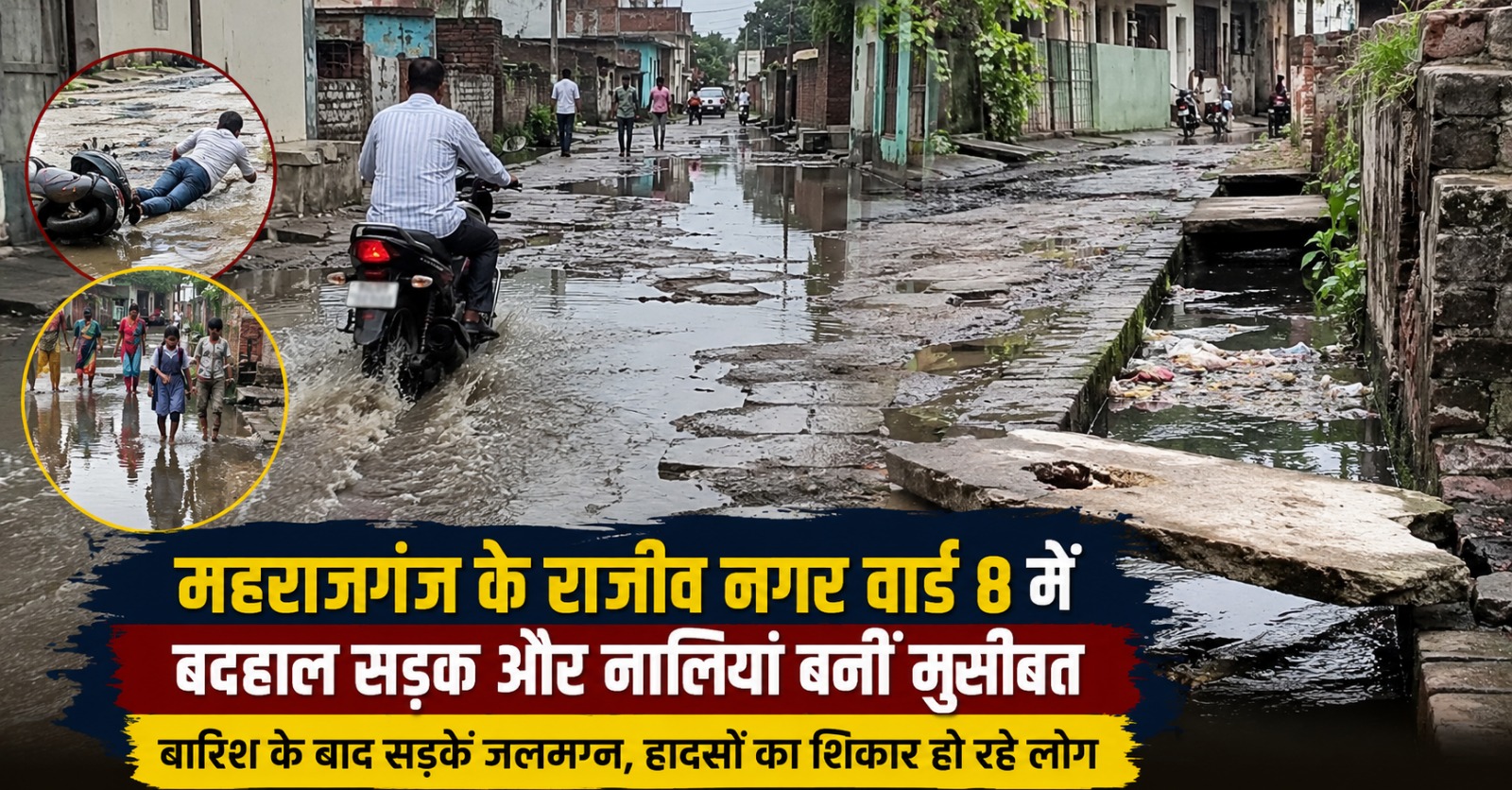 महराजगंज राजीव नगर वार्ड 8 जलजमाव सड़क हादसा